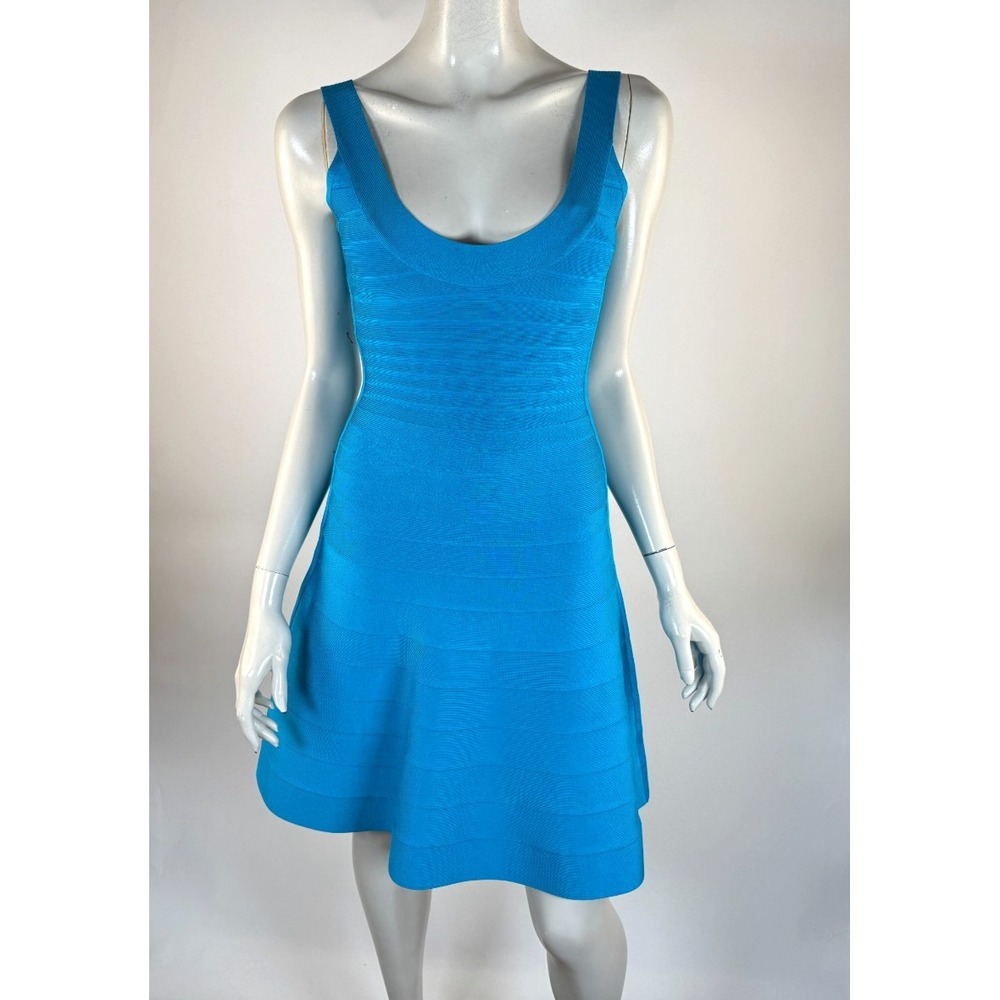 Herve Leger Eva Dress Women S EUC Fit & Flare Turquoise Knit Rayon Round Neck